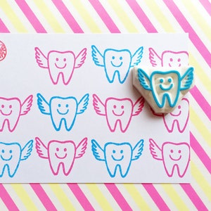 Smiley tooth fairy rubber stamp, Hand carved stamp by talktothesun, Gift for dentists