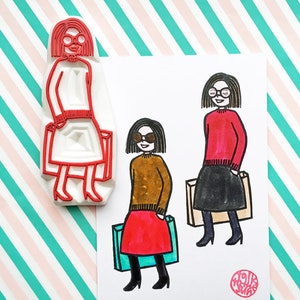 Girl carrying paper bag rubber stamp, Fashionista stamp, Hand carved stamp by talktothesun