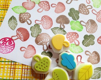 Mushroom & leaf rubber stamp set, Hand carved stamps by talktothesun, Gift for friends