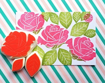 Large rose rubber stamp set, Flower & leaf stamps, Hand carved stamps by talktothesun