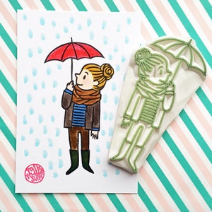 Girl holding umbrella rubber stamp, Hand carved stamp by talktothesun, Best friend gift