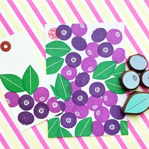 Blueberry Rubber Stamp Set : Fruit and Leaf Hand Carved Stamps