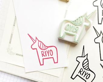 Custom name stamp, Unicorn rubber stamp, Hand carved stamp, Personalized gift for kids