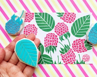 Raspberry rubber stamp set, Wild berry & leaf stamps, Hand carved stamps by talktothesun