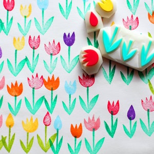 Set di timbri in gomma a forma di tulipano, timbri con fiori e foglie, timbri intagliati a mano, regalo creativo per bambini