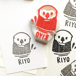 Custom name stamp, Sea otter rubber stamp, Hand carved stamp, Personalized gift for child