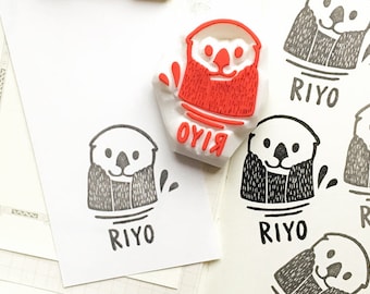 Custom Name Rubber Stamp | Sea Otter Design | Hand Carved Stamp