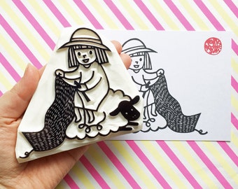 Girl & sheep rubber stamp, Crocheting stamp, Hand carved stamp by talktothesun, Gift for crafter