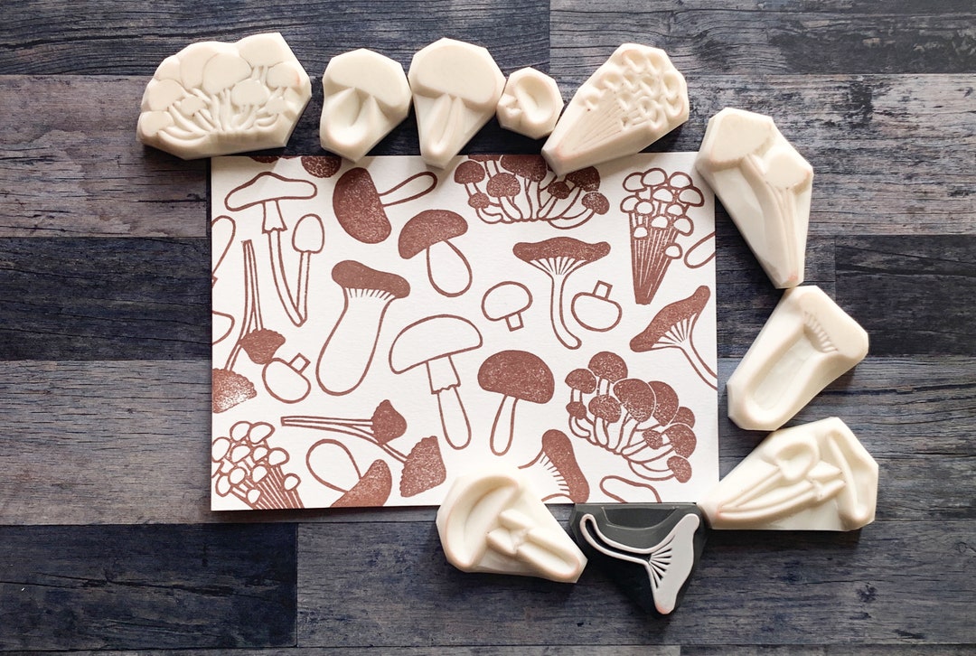 Mushroom Rubber Stamp Set, Fungi Stamps, Hand Carved Stamps by