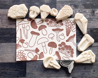 Mushroom rubber stamp set, Fungi stamps, Hand carved stamps by talktothesun