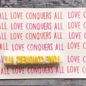 Love conquers all rubber stamp, Mindfulness quote stamp, Hand carved stamp by talktothesun image 3