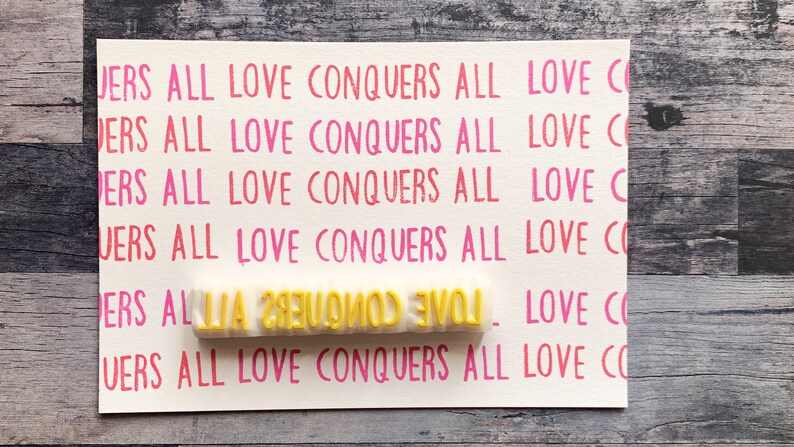 Love conquers all rubber stamp, Mindfulness quote stamp, Hand carved stamp by talktothesun image 3
