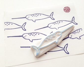 Narwhal rubber stamp, Whale stamp, Sea animal stamp, Hand carved stamp