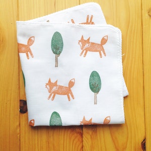 Happy fox handkerchief, Kids cotton hankie, Reusable cloth tissue, Animal lover gift