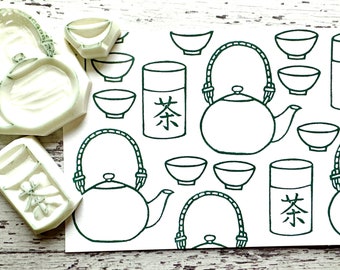 japanese sencha green tea rubber stamp set, Tea pot tea cup & tea leaf container stamps, Hand carved stamps