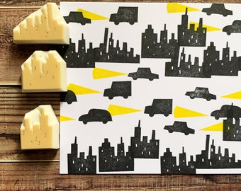 City skyline rubber stamp set, Car truck & skyscraper stamps, Hand carved stamps