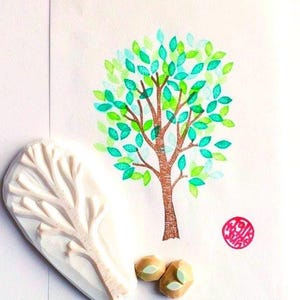 Rubberstempelset berkenboom, stempels boomstam en blad, handgesneden stempel, ambachtelijk cadeau voor natuurliefhebber