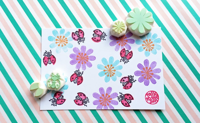 gift wrapping botanical plant hand carved stamps for spring crafts insect /& flower stamps ladybug rubber stamp set card making
