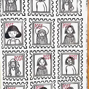 A sample image of pattern design on a sketchbook page using hand carved rubber stamps available in the shop. This repeat pattern is consisted of girls in postage frames. It says 'post' in red on the corner of the stamps.