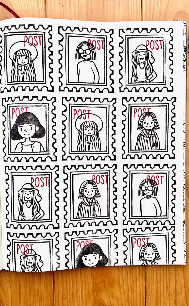 A sample image of pattern design on a sketchbook page using hand carved rubber stamps available in the shop. This repeat pattern is consisted of girls in postage frames. It says 'post' in red on the corner of the stamps.