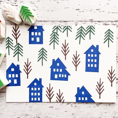Winter Village Rubber Stamp Set | Hand Carved Stamps | House & Tree Designs