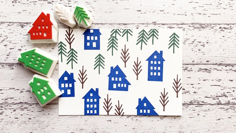 Winter street rubber stamp set, House & tree stamps, Hand carved stamps, Gift for family image 1