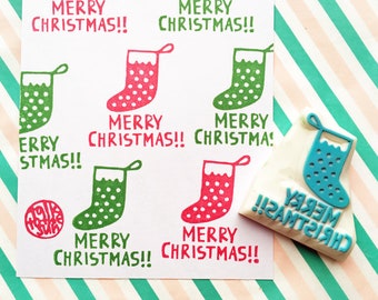 Merry christmas rubber stamp, Christmas stocking stamp, Hand carved stamp, talktothesun