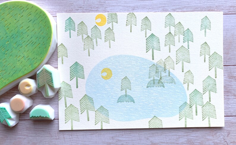 Tree Stamps Woodland Rubber Stamp Set Diy Crafts Talktothesun Lake Stamp Sun Stamp Hand Carved Stamps Card Making Moon Stamp Stickers Labels Tags Paper Party Supplies