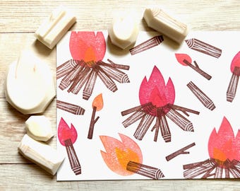 Hand Carved Campfire Rubber Stamp Set: Flame & Firewood Designs