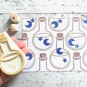 Magic potion bottle rubber stamp, Glass bottle crescent moon & star stamps, Hand carved stamps image 3