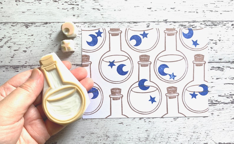 Magic potion bottle rubber stamp, Glass bottle crescent moon & star stamps, Hand carved stamps image 3