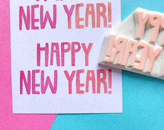 Happy new year rubber stamp, Holiday message stamp, Hand carved stamp