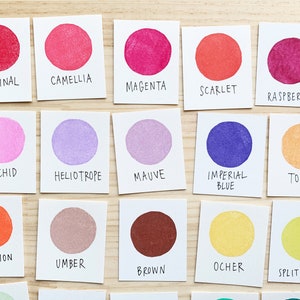 Puede incluir: Un conjunto de 20 muestras de pintura acuarela con nombres como Cardenal, Camelia, Magenta, Escarlata, Frambuesa, Rosa, Orqu&iacute;dea, Heliotropo, Malva, Azul Imperial, Topacio, Lata, Bermell&oacute;n, Ocre, Marr&oacute;n, Ocre, Guisante Partido y Lim.