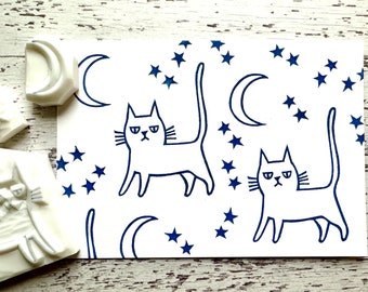 Walking cat rubber stamp set, Cat moon & star stamps, Hand carved stamps, Cat lover gift