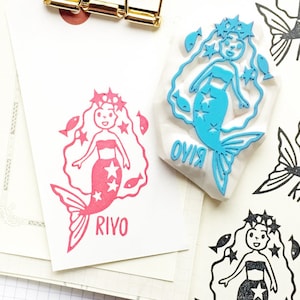 Custom name stamp, Mermaid princess stamp, Hand carved rubber stamp, Personalized gift for child