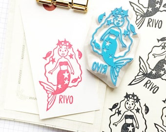 Custom name stamp, Mermaid princess rubber stamp, Hand carved stamp, Personalized gift