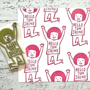 Sello de "Hola sol", sello de goma de "Niña feliz", sello tallado a mano, regalo artesanal para hermana.