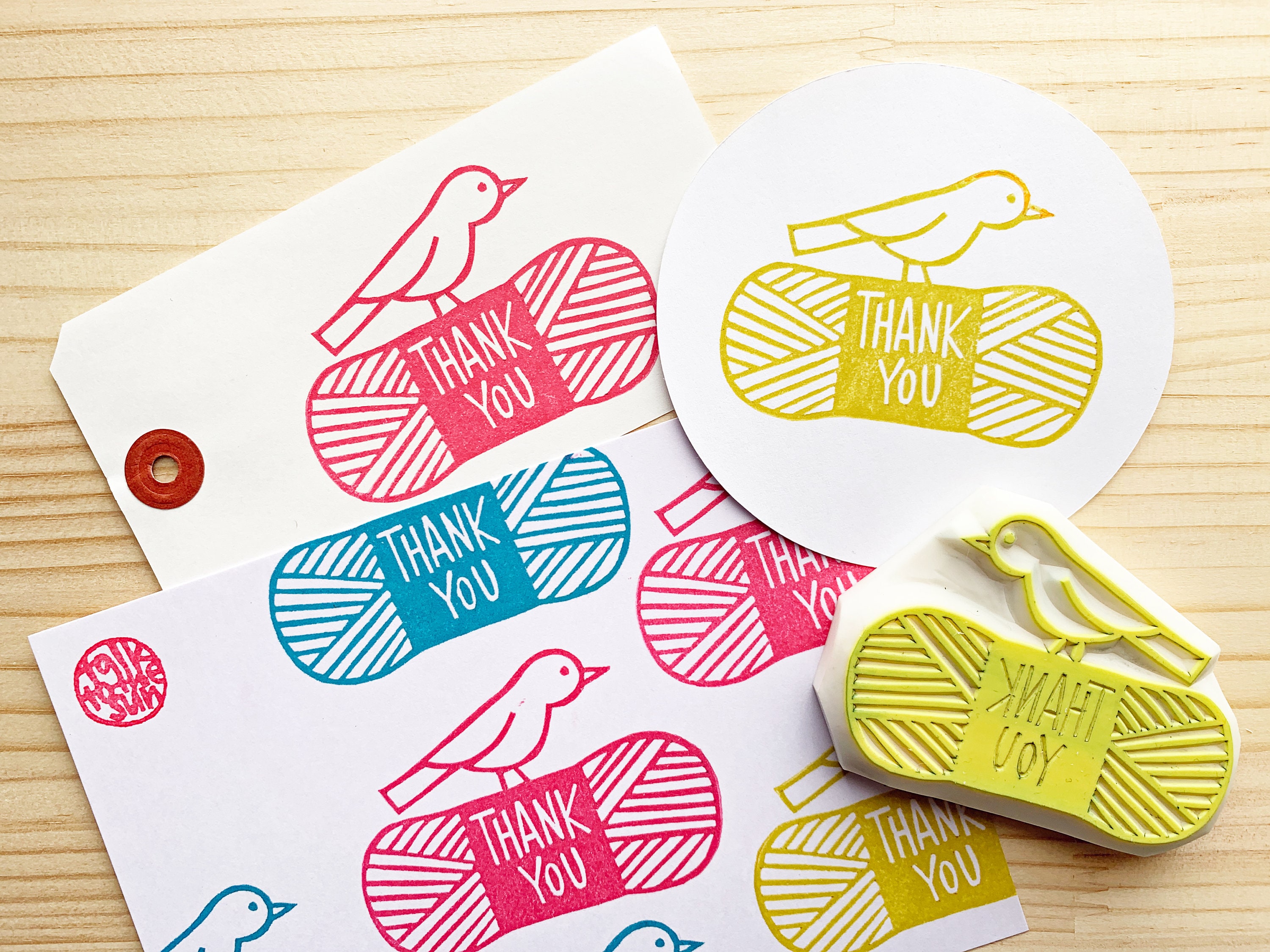 Thank You Rubber Stamp Bird on Yarn Hand Carved Stamp Etsy