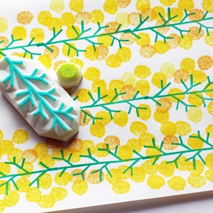 Set di timbri in gomma Mimosa, timbri con fiori e rami di alberi, timbri intagliati a mano, regalo artigianale per lei