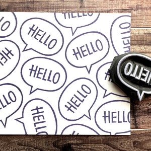 Sello de goma "Hola", sello de burbuja de diálogo, sello tallado a mano para hacer tarjetas