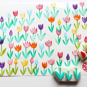Tulip rubber stamp set, Flower & leaf stamps, Hand carved stamps by talktothesun image 2