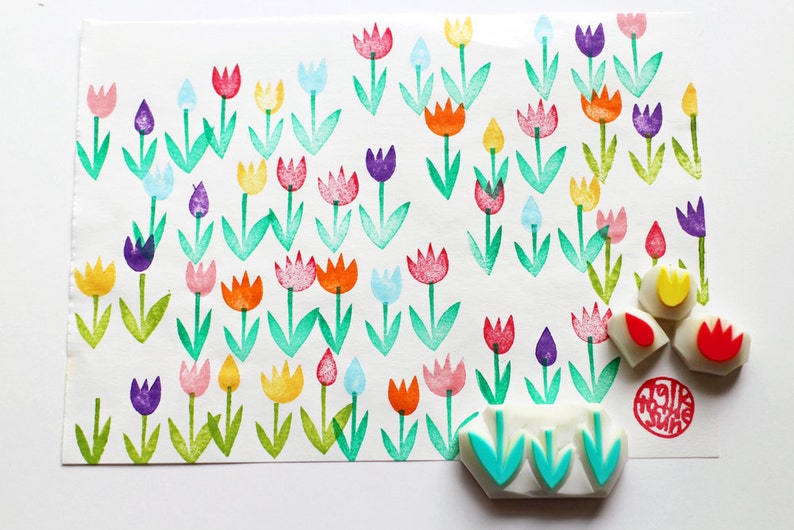 Tulip rubber stamp set, Flower & leaf stamps, Hand carved stamps by talktothesun image 2