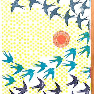A sample image of  sketchbook page. Created a design of swallows flying in the sky using swallow stamp, sun stamp and polka dot stamp available in the shop.