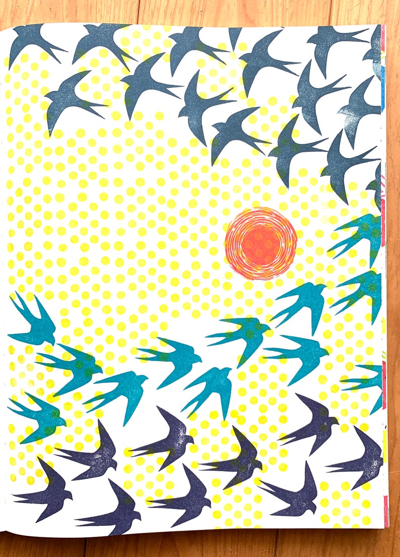 A sample image of  sketchbook page. Created a design of swallows flying in the sky using swallow stamp, sun stamp and polka dot stamp available in the shop.