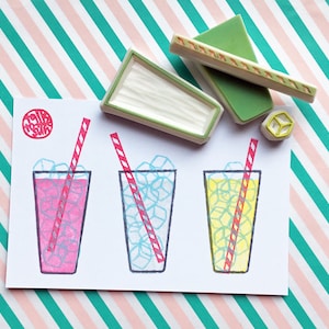 Jeu de tampons en caoutchouc sculptés à la main pour boissons froides : Glaçon, paille et verre