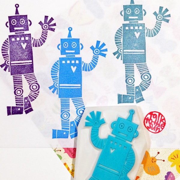 Toy robot rubber stamp, Hand carved stamp by talktothesun, Best friend gift