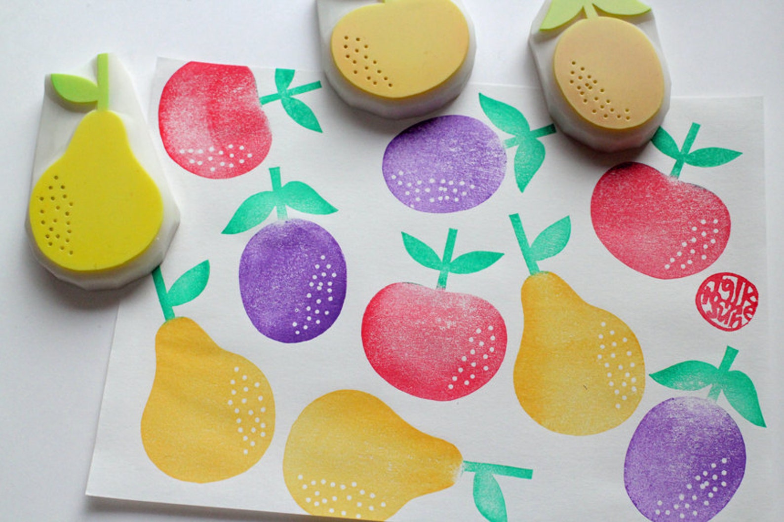 Fruit Rubber Stamp Apple Pear & Prune Stamps Hand Carved Etsy