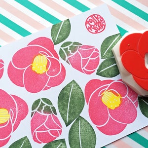 Hand carved rubber stamp set - Camellia flower and leaf (5 parts)
