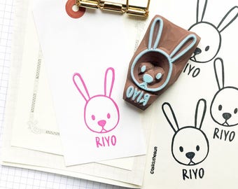 Custom name stamp, Rabbit rubber stamp, Hand carved stamp, Personalized gift for kids