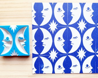 Hand Carved Crescent Moon & Star Rubber Stamp: Celestial Tile Design